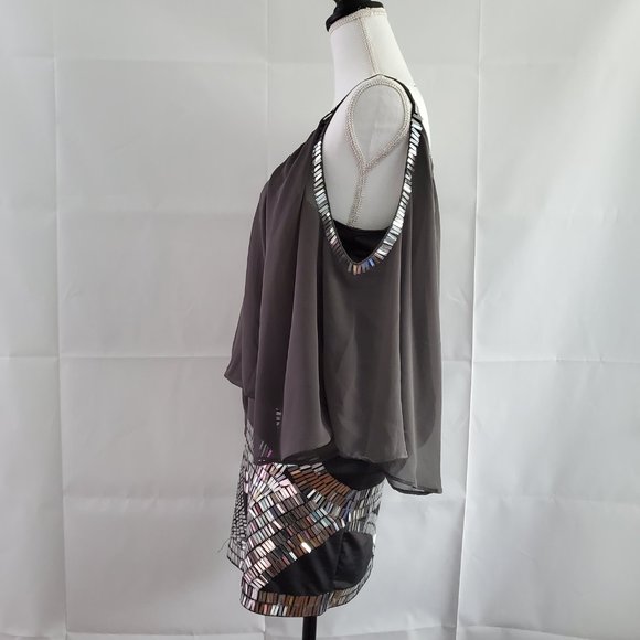 Arden B Gray Chiffon Sequins Cold Shoulder Dress - Picture 3 of 5